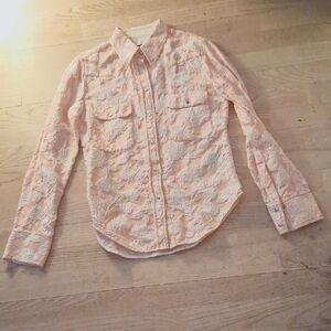 CALVIN KLEIN Raf Simons White Floral Over Pink Cotton Brocade Western Shirt *4